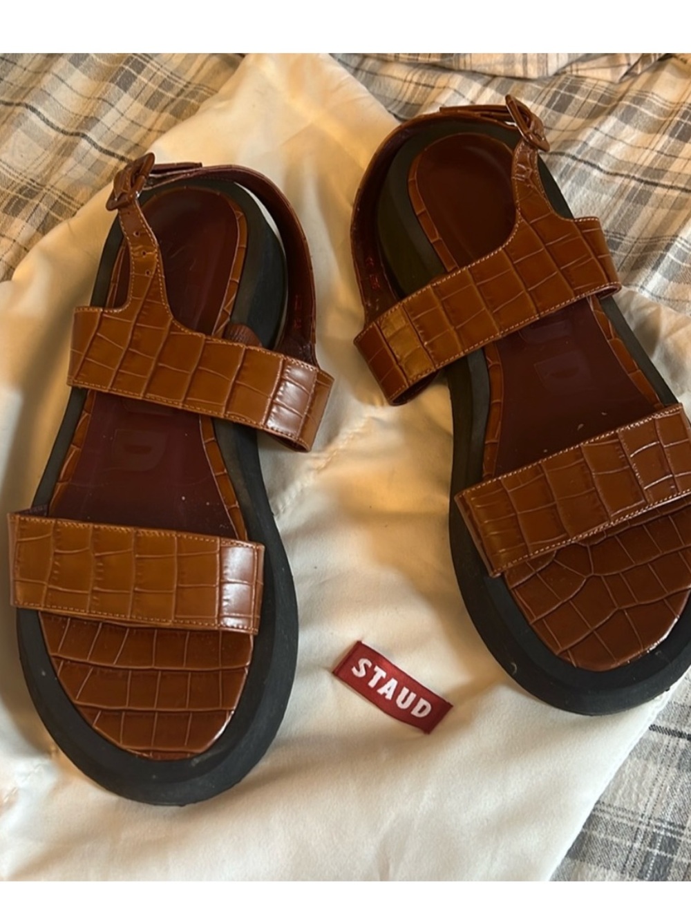 STAUD Brown Croc-Embossed Leather Platform Sandals